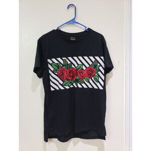 KRISP black, embroidered rose, graphic tee, size large